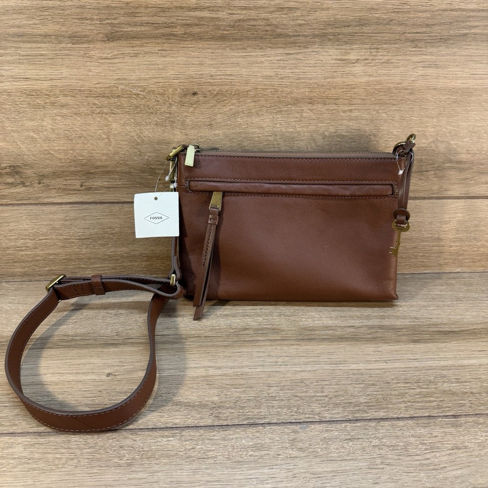 NWT Fossil Kiera Small Brown Leather Crossbody Bag Purse Lock Key $195